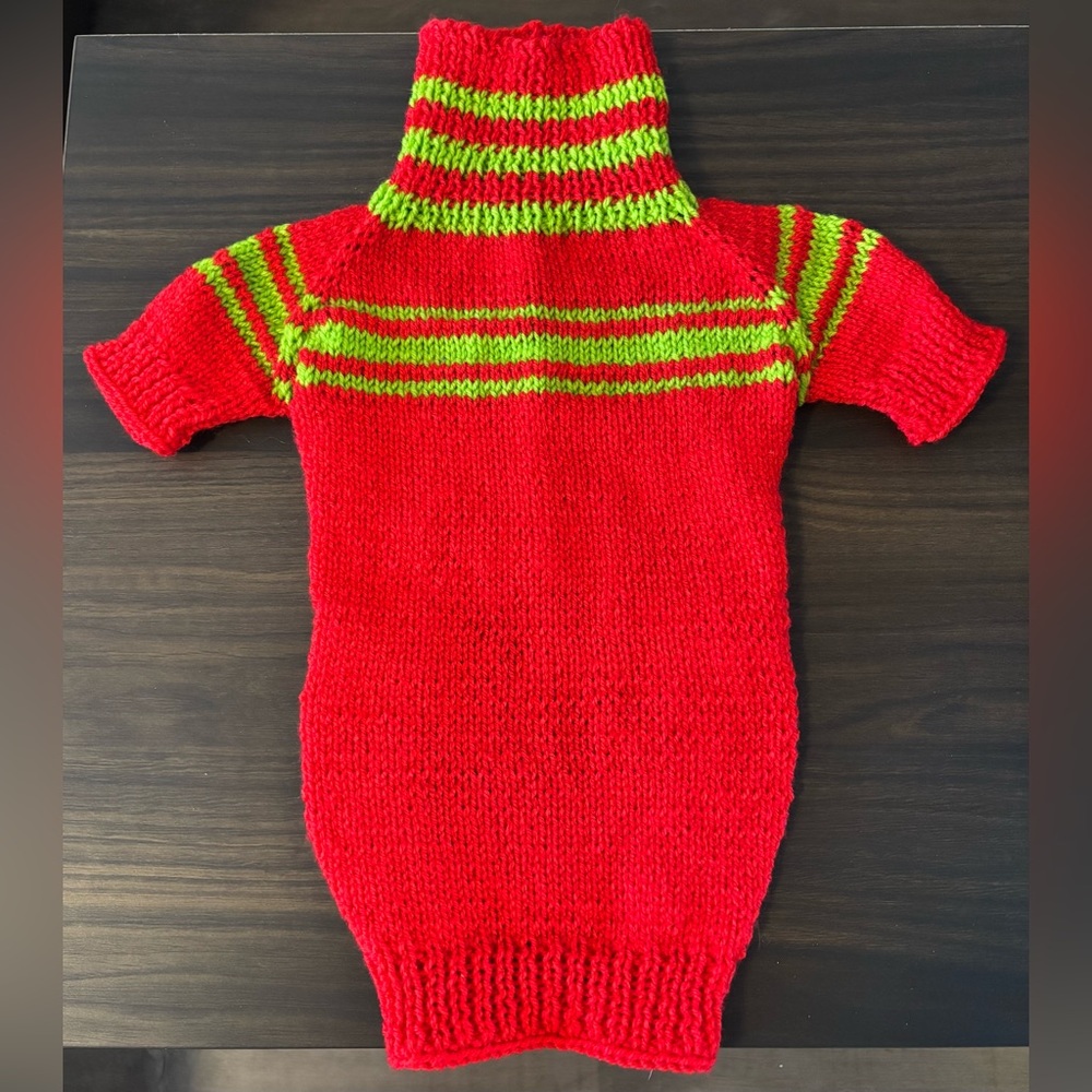 Red and Green Handmade Knitted Dog Sweater – Size S-M
